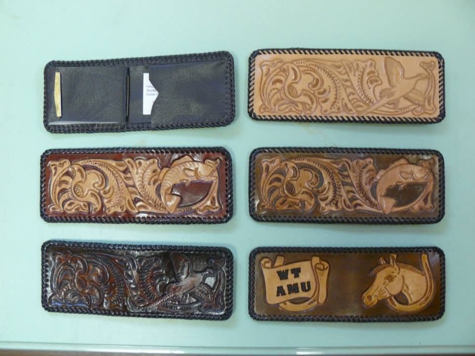 Six leather wallet views showing floral patterns, animal motifs, initials, and an open interior